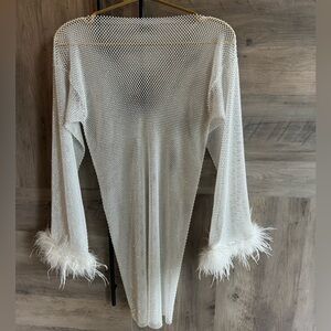 SPARKLY RHINESTONE FEATHER SLEEVE LONG SLEEVE SHEER MINI DRESS - WHITE